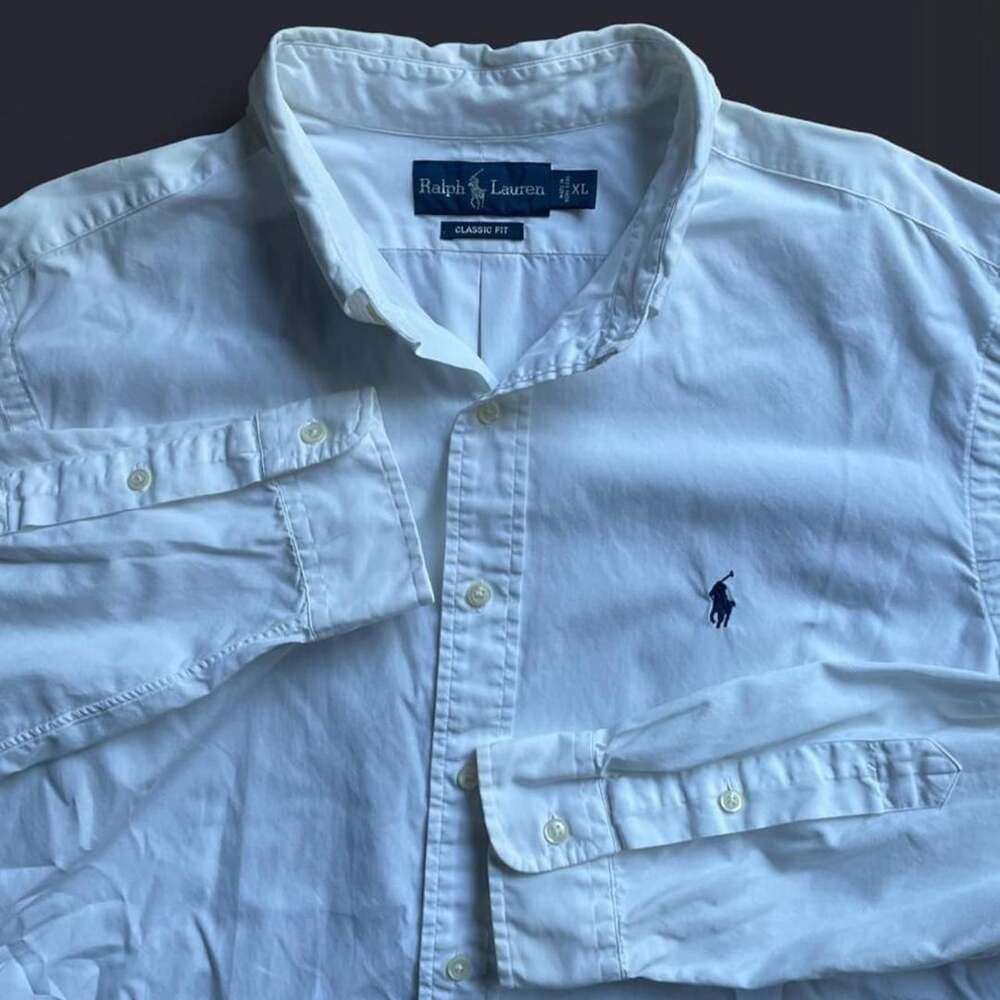 Vintage 90s Ralph Lauren Button Up Shirt Men’s XL White Hong Kong Navy Pony